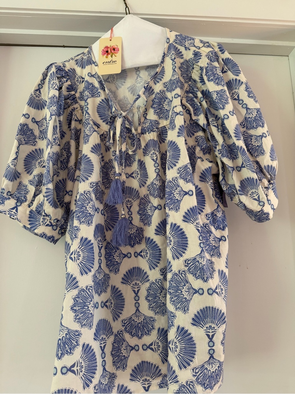 Entro NWT Blue & White Boho Tassel Dress | Puff Sleeves | Size M